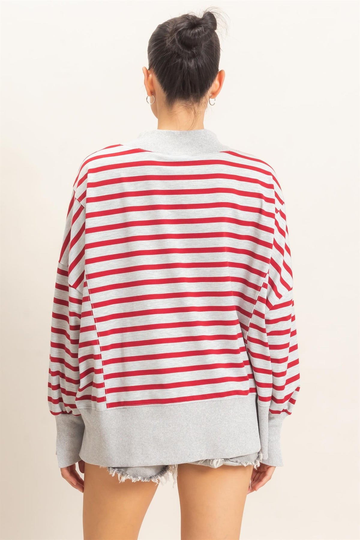 Red & Gray Striped Mock Neck Sweatshirt
