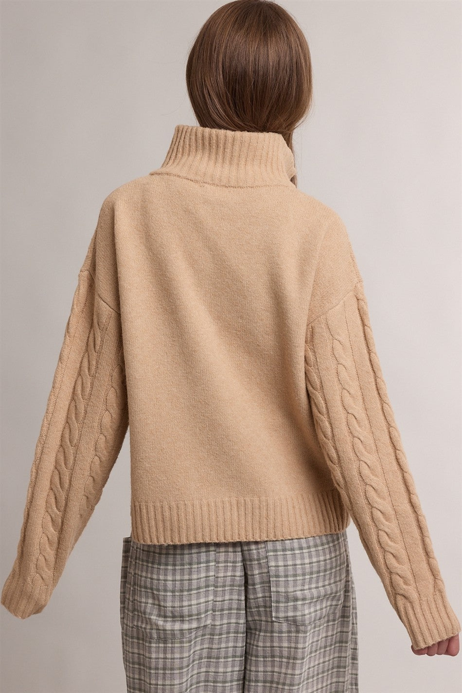 Cable Knit Quarter Zip Collar Sweater- Camel