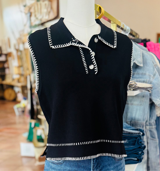 Black Sleeveless Top with White Trim