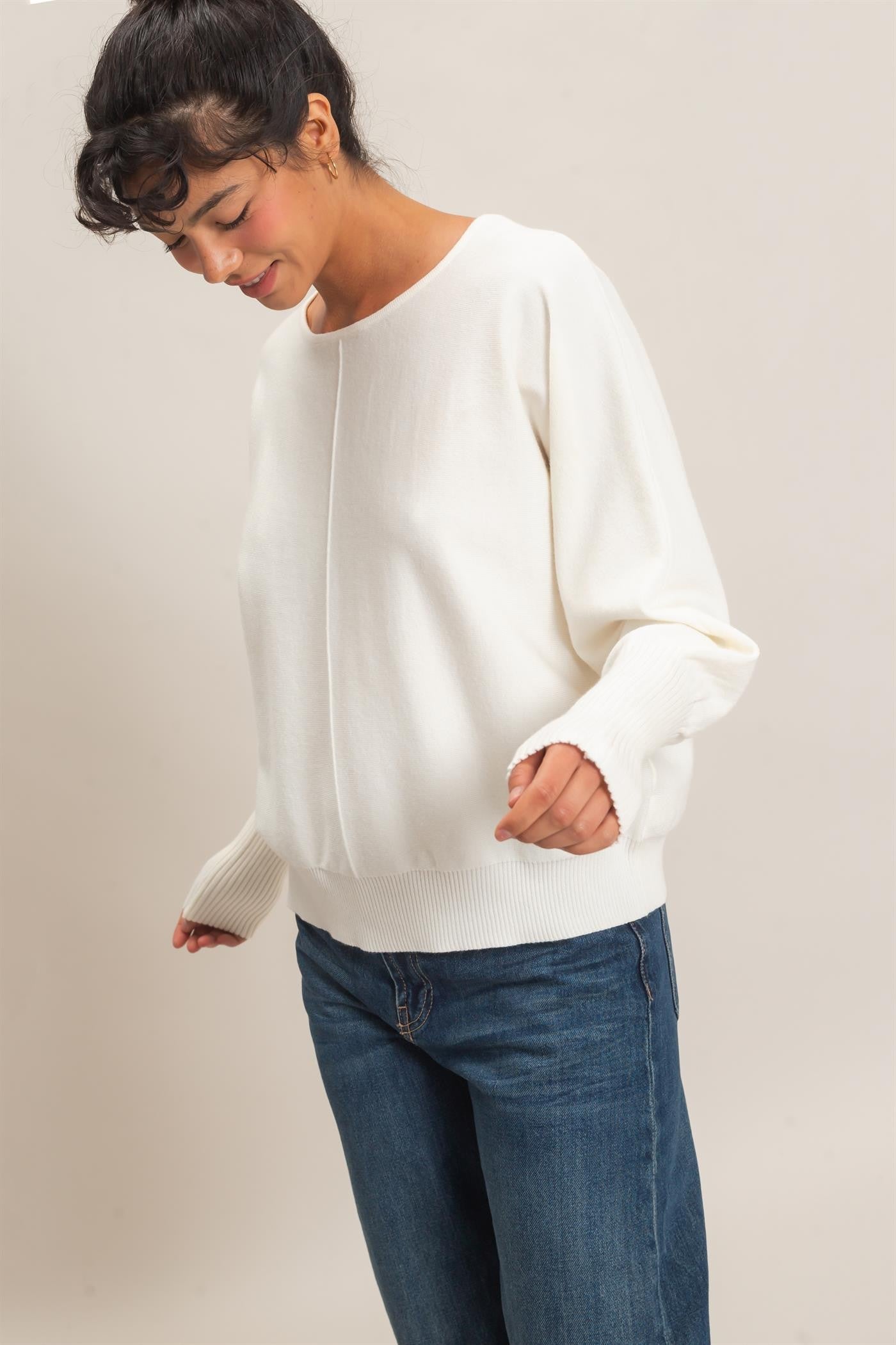 White Batwing Center Seam Sweater