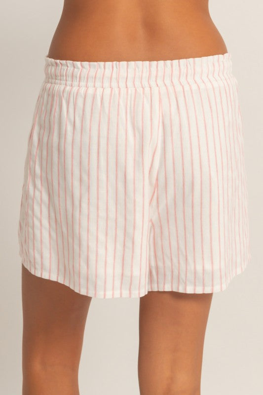 Striped Drawstring Shorts-Pink