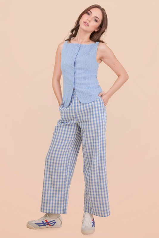 Elastic Waist Blue Checkered Casual Pants