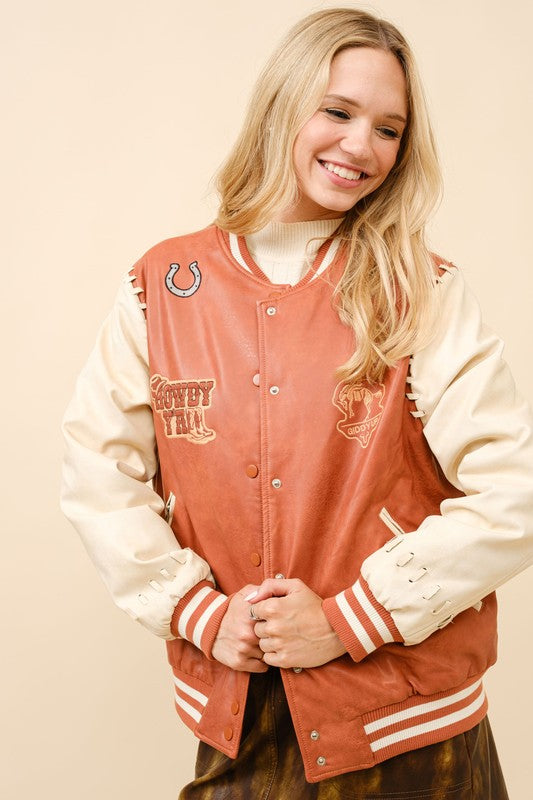 Faux Leather Western Embroidered Bomber Jacket