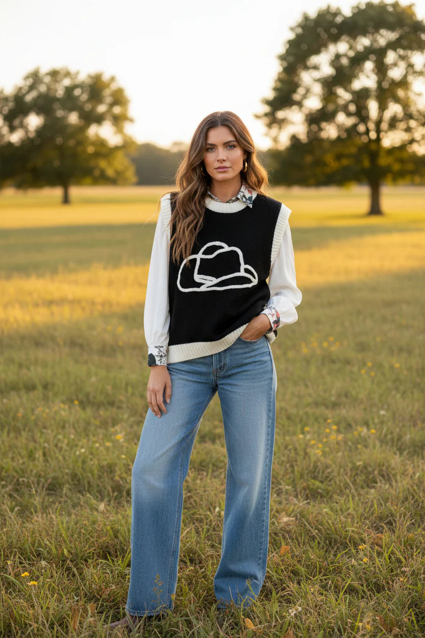Ivory Cowboy Hat Black Sweater Vest