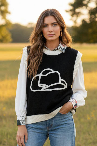 Ivory Cowboy Hat Black Sweater Vest