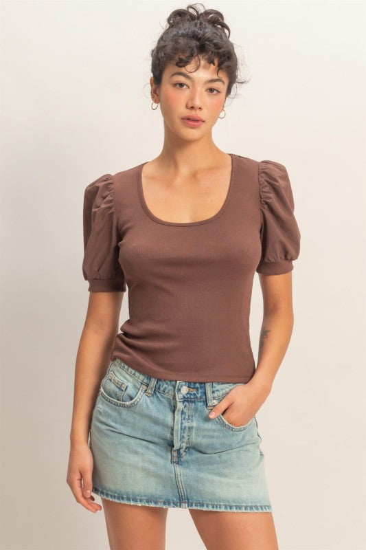 Ribbed Puff Sleeve Scoop Neck Top- Chocolate