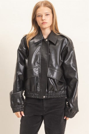 Faux Leather Collared Bomber Jacket
