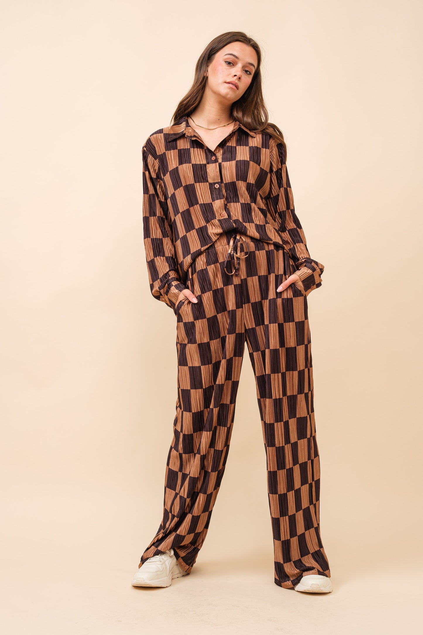 Plisse Pleated Checkered Pant Set