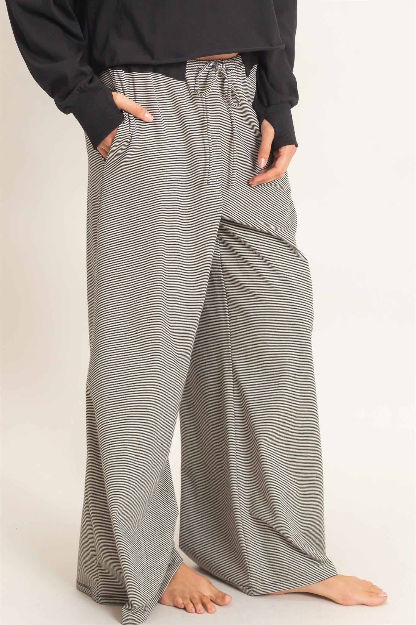 Black Thin Striped Wide Leg Pants