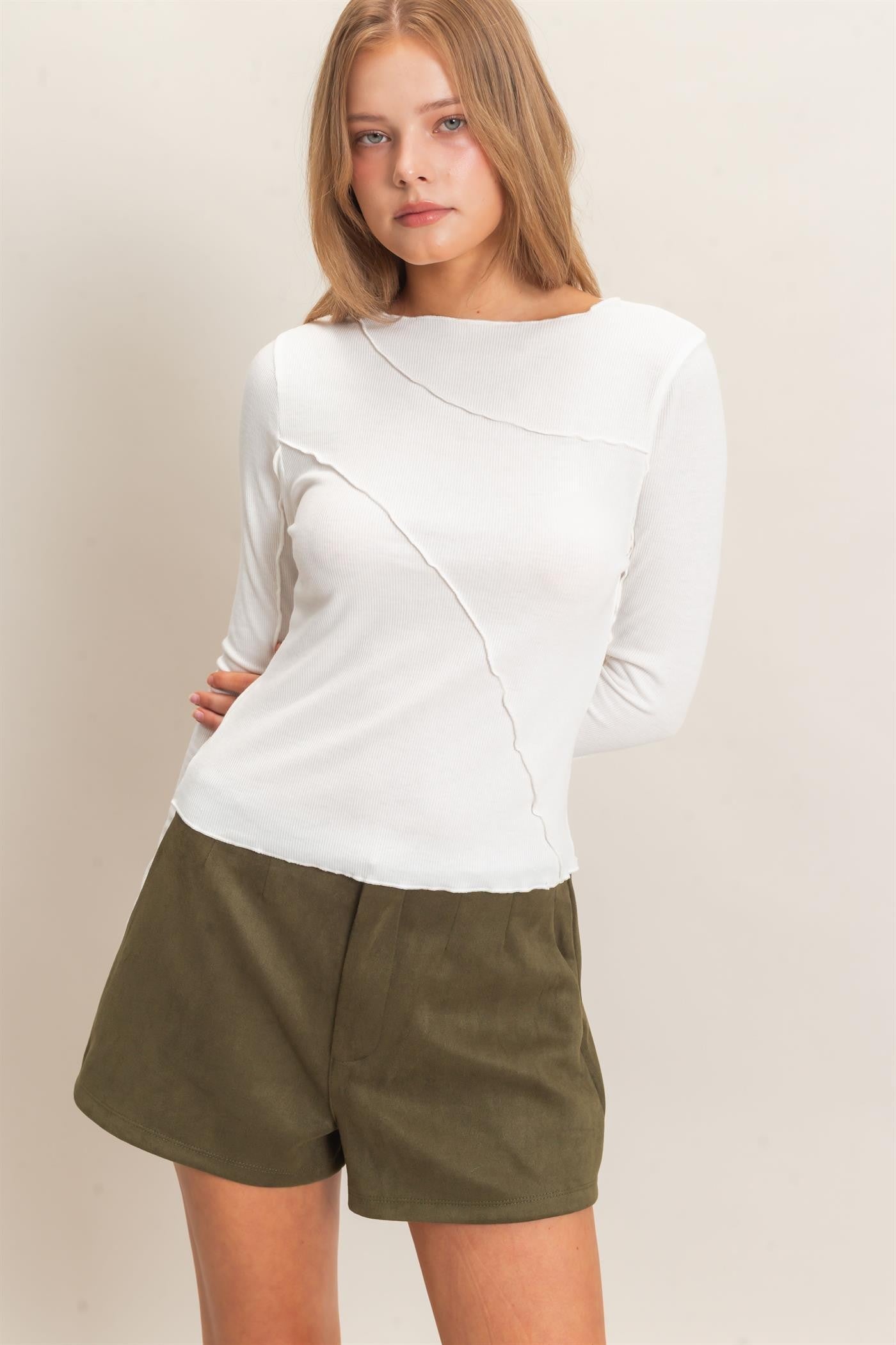 White Ruffled Ribbed Long Sleeve Top