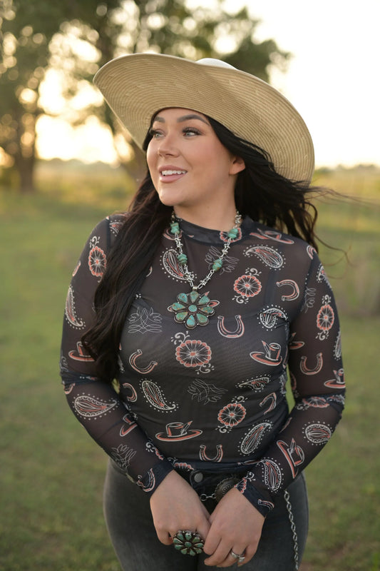 Black Feather in Hat Mesh Top