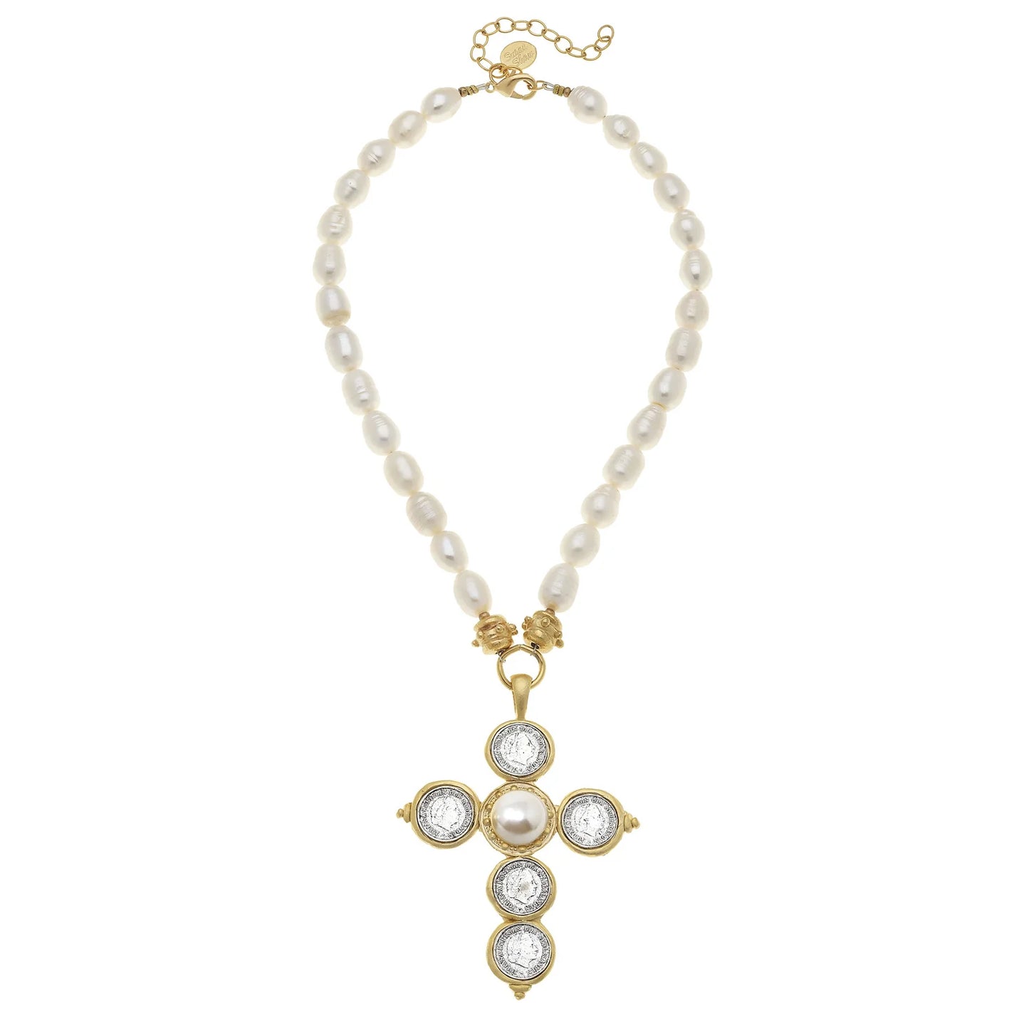 Susan Shaw Mixed Metals Coin Cross Pearl Necklace