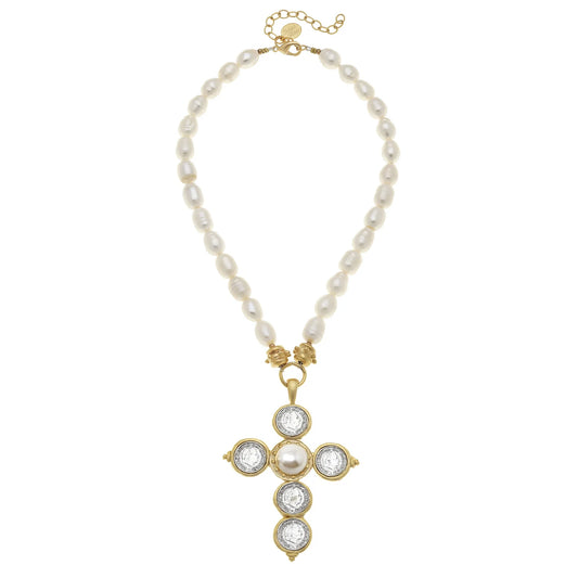 Susan Shaw Mixed Metals Coin Cross Pearl Necklace