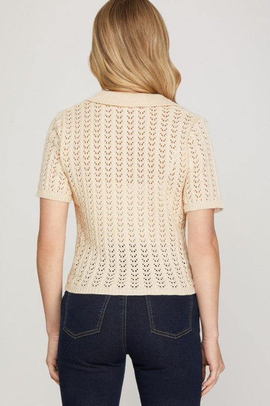 Ecru Short Sleeve Collared Sweater