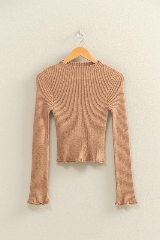 Dark Taupe Mock Neck Ribbed Top