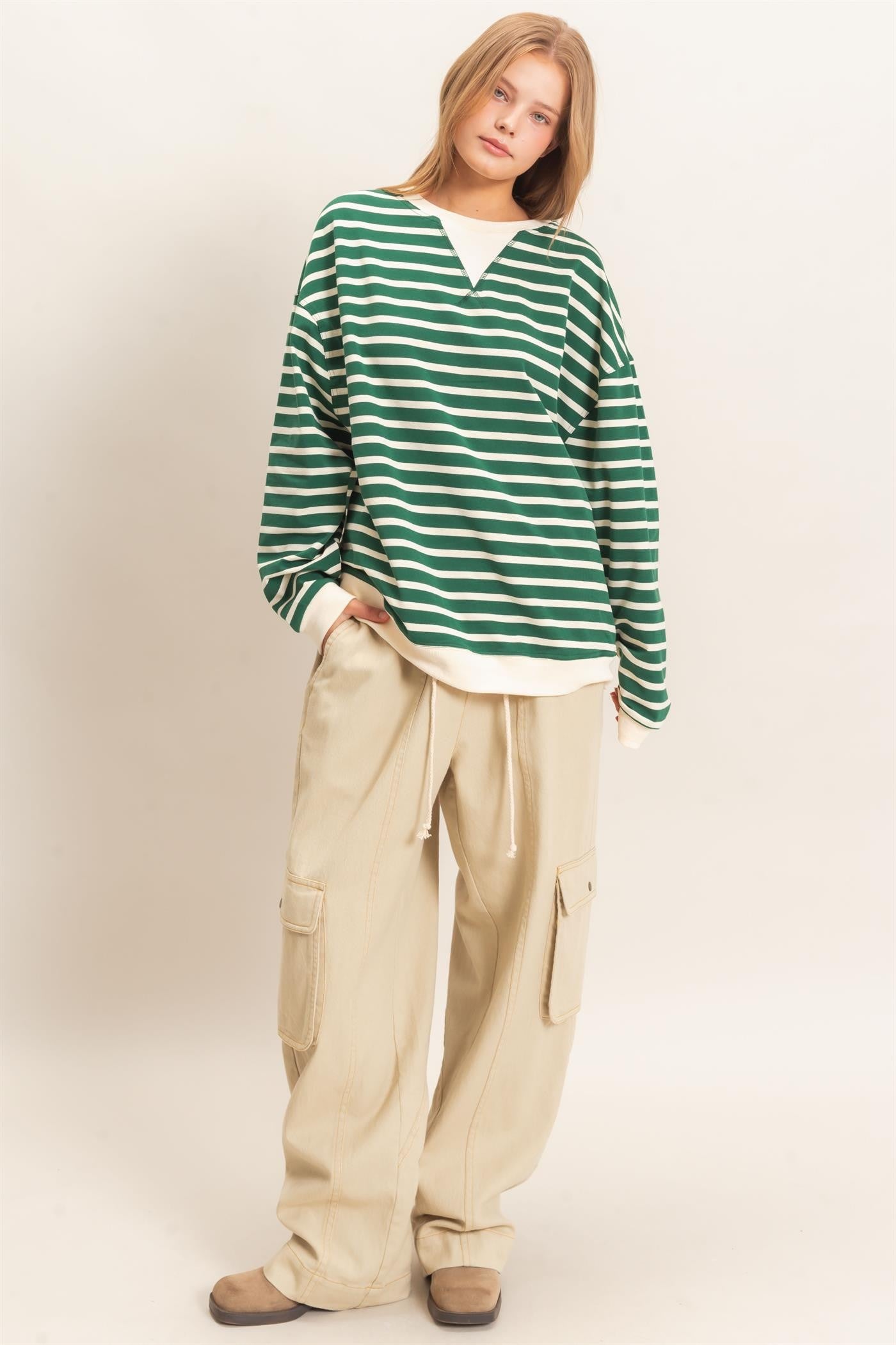 Green Striped Long Sleeve Pullover