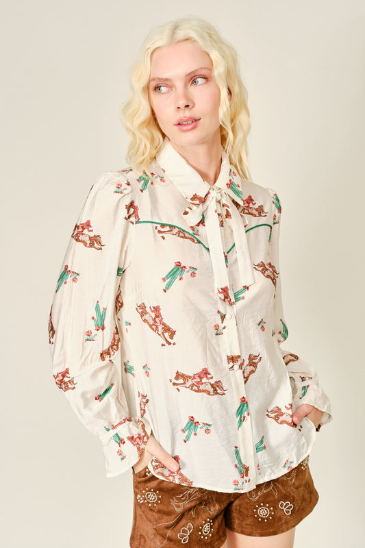 Western Print Tie Neck Blouse