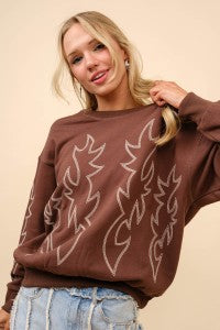 Brown Western Boot Stitch Pullover Sweatshirt