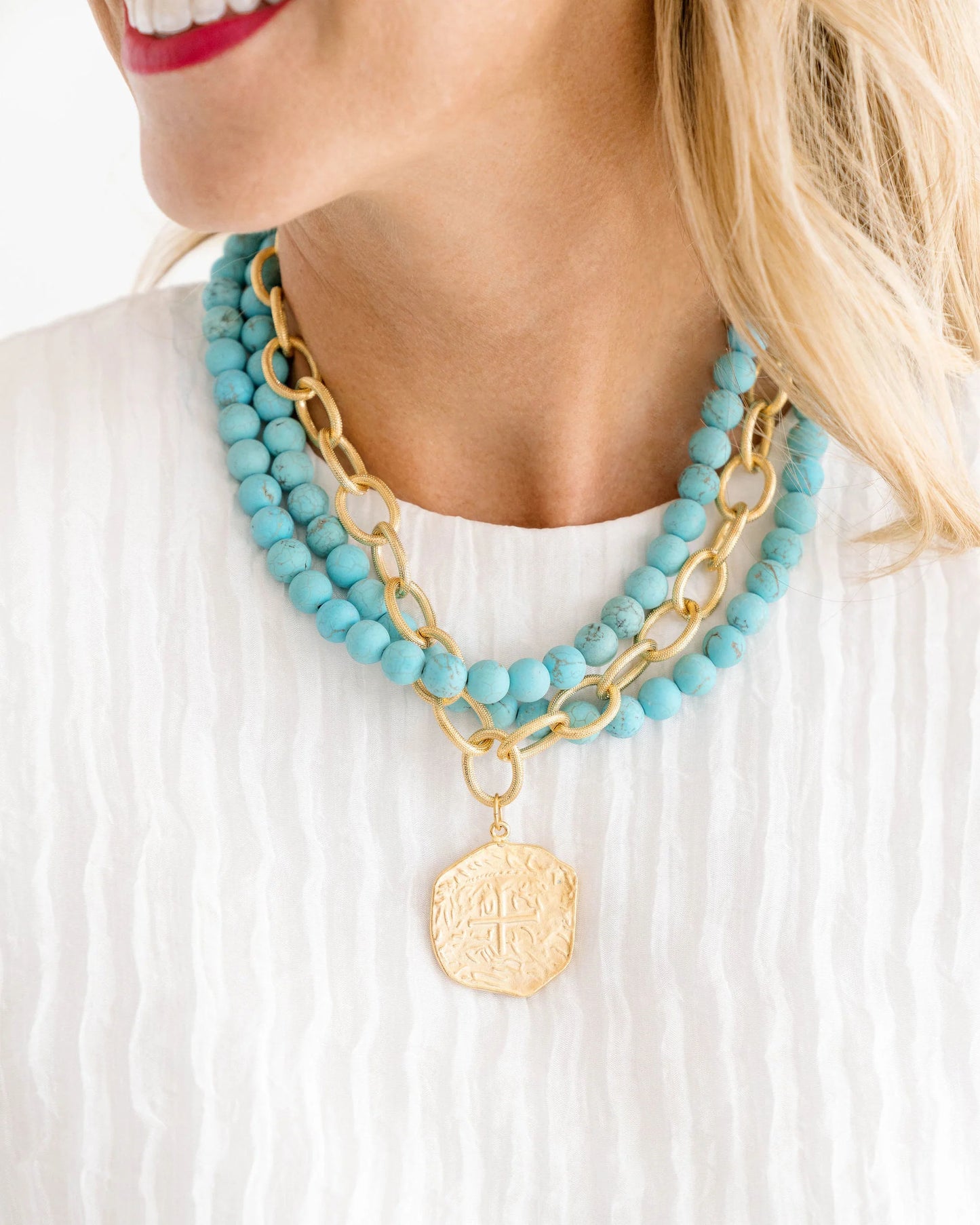 Susan Shaw Multi Strand Turquoise & Coin Necklace