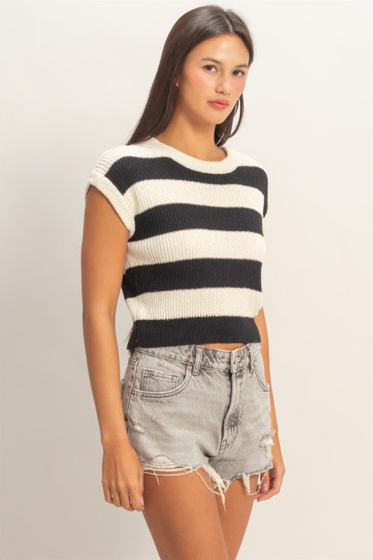 Black Striped Ribbed Knit Top