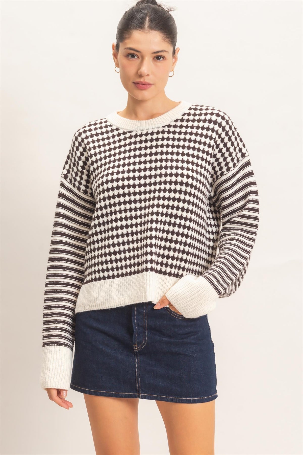 Brown Mixed Pattern Long Sleeve Sweater