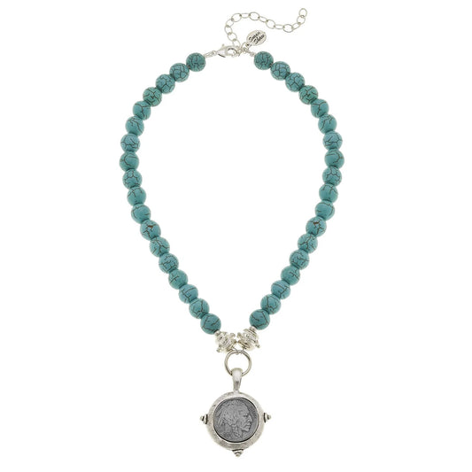 Susan Shaw Vintage Buffalo Coin Turquoise Beaded Necklace