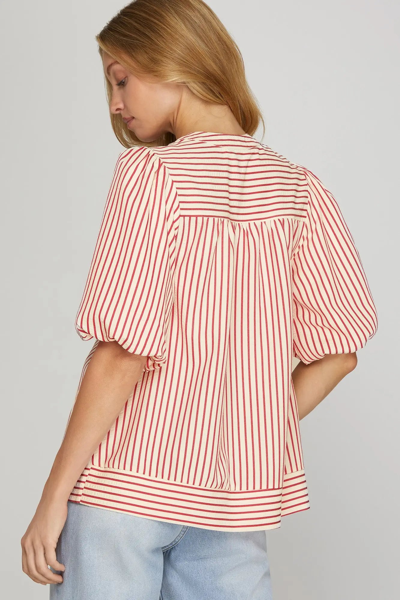 Bubble Sleeve Red Striped Woven Top