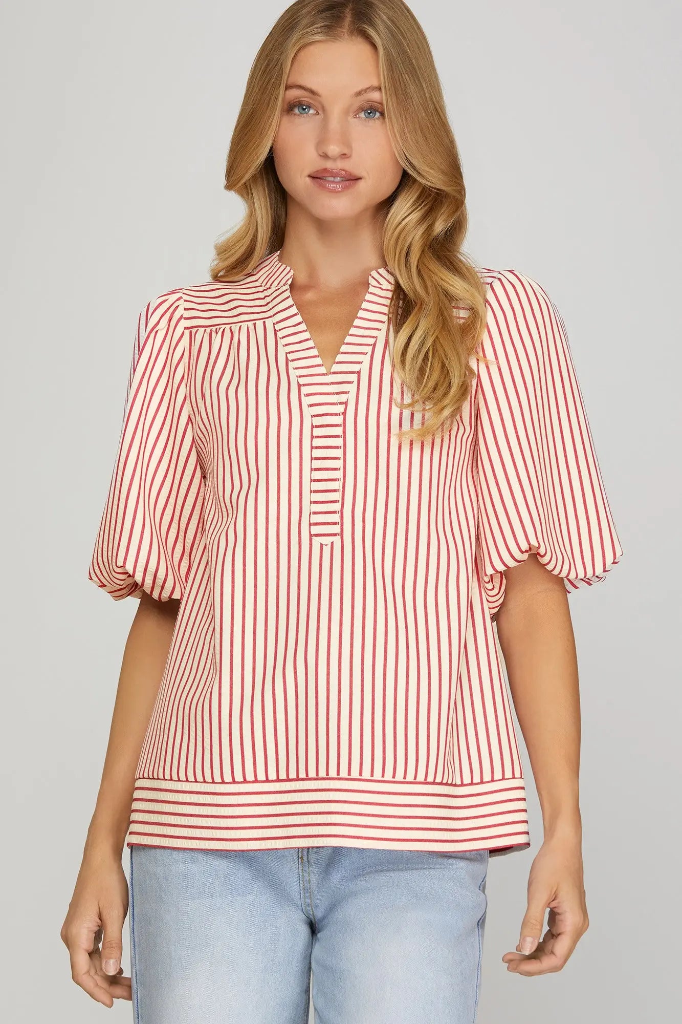 Bubble Sleeve Red Striped Woven Top