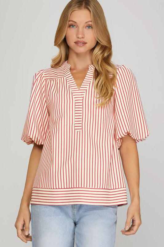Bubble Sleeve Red Striped Woven Top
