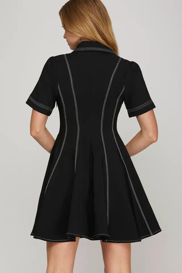 Black Contrasting Stitch Skater Dress