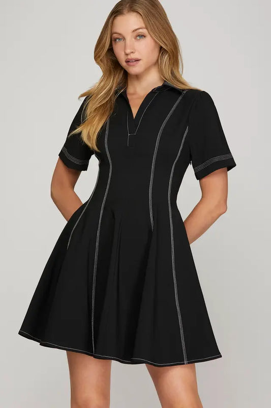 Black Contrasting Stitch Skater Dress