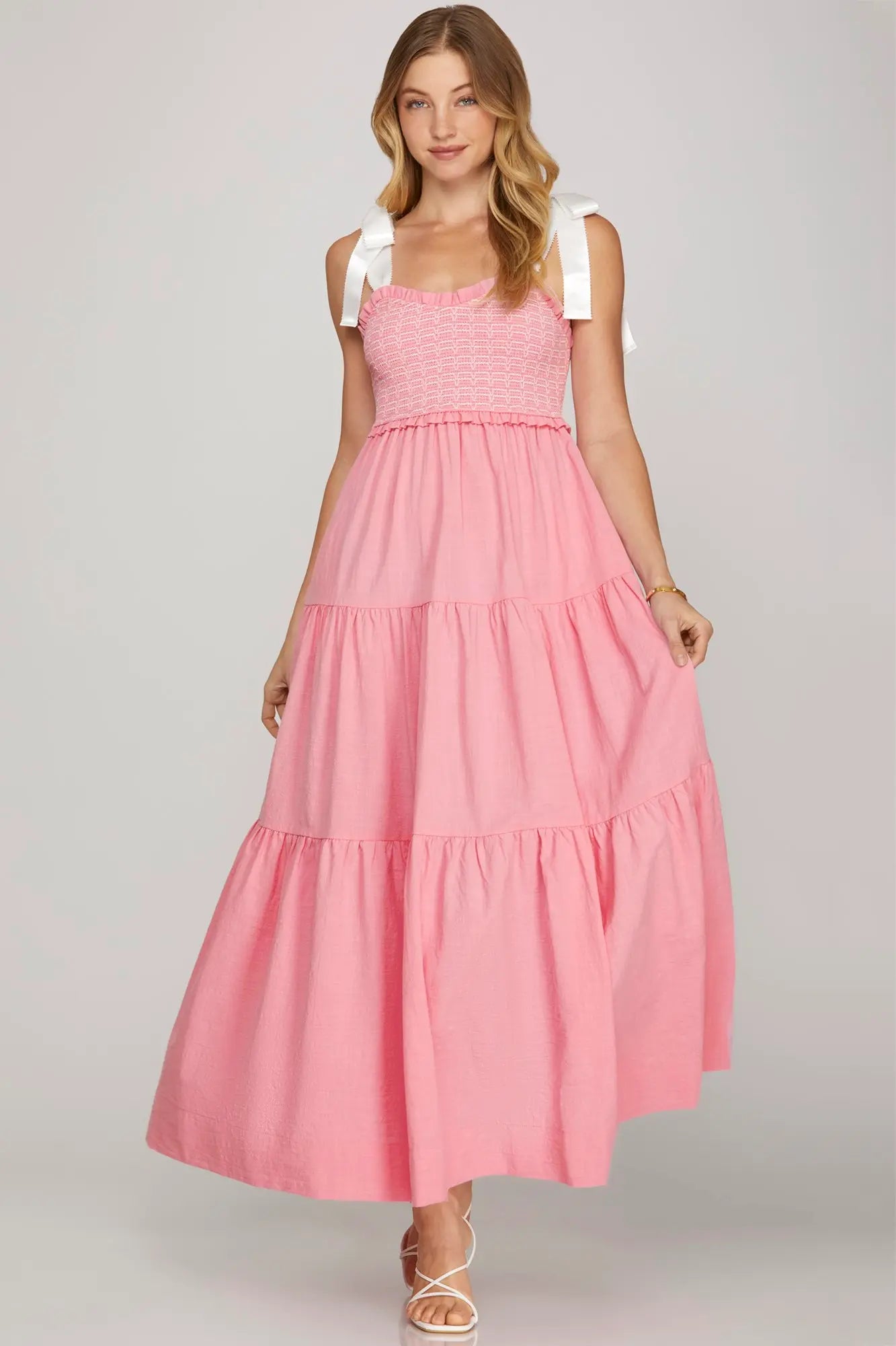 Shoulder Tie Smocked Tiered Woven Dress