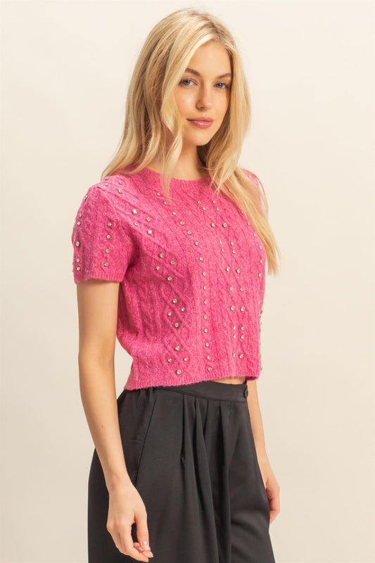 Hot Pink Rhinestone Studded Sweater