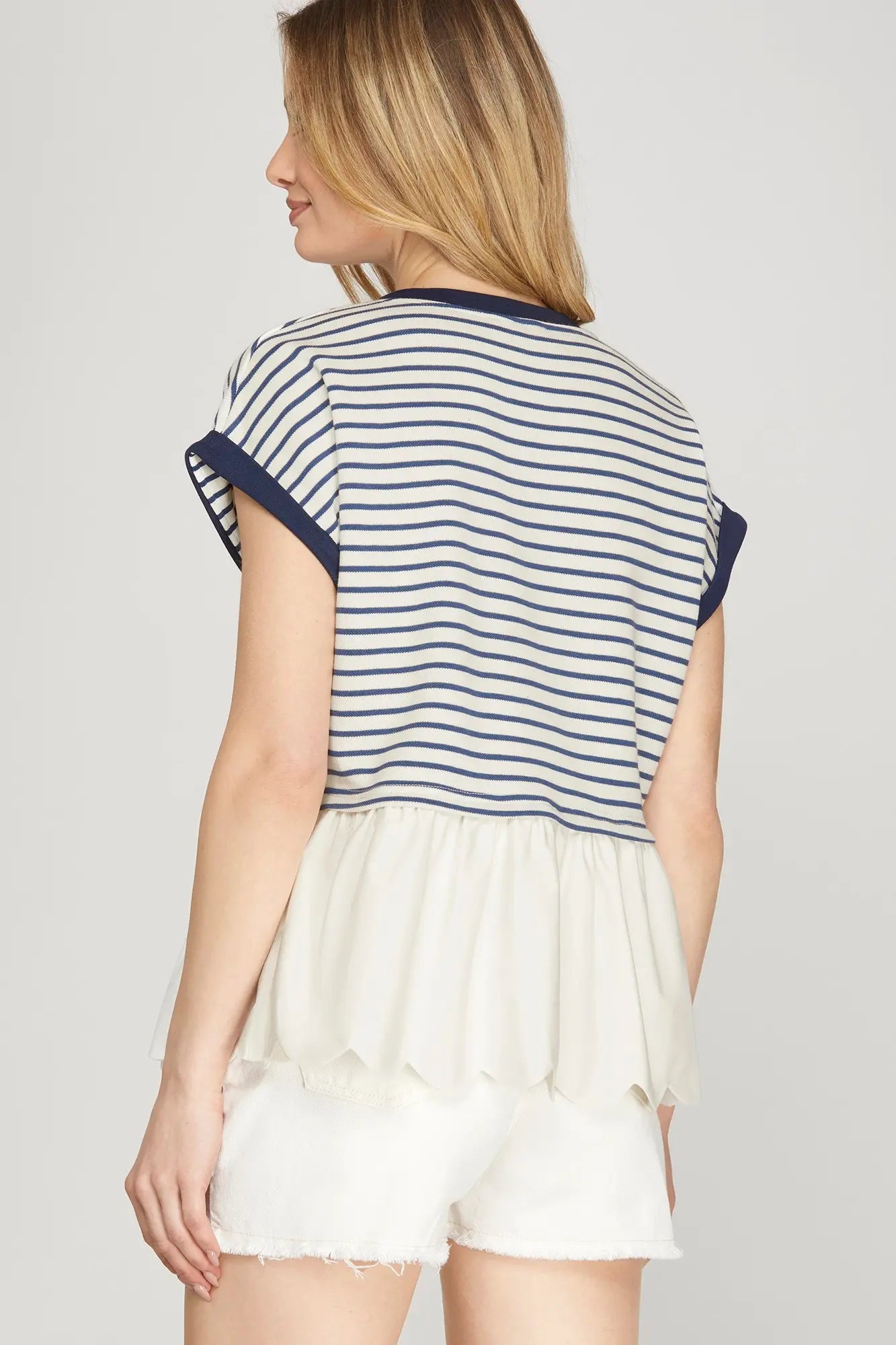 Striped Contrast Scalloped Hem Combo Top