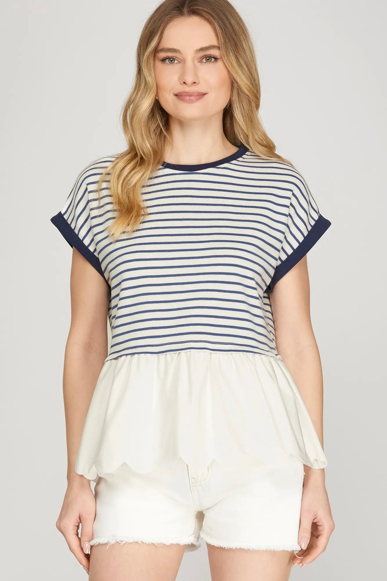 Striped Contrast Scalloped Hem Combo Top