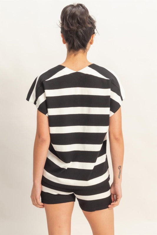 V-Neck Wide Striped Top & Short Set