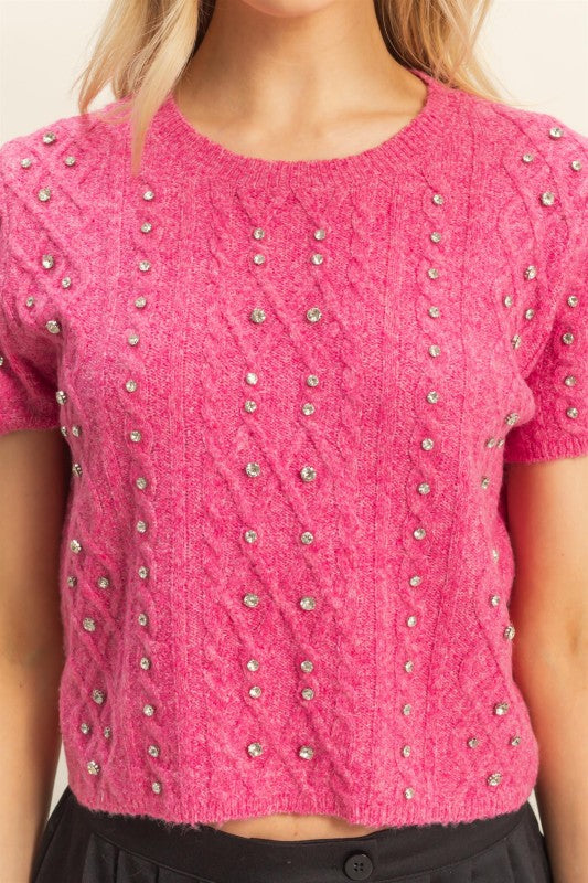 Hot Pink Rhinestone Studded Sweater
