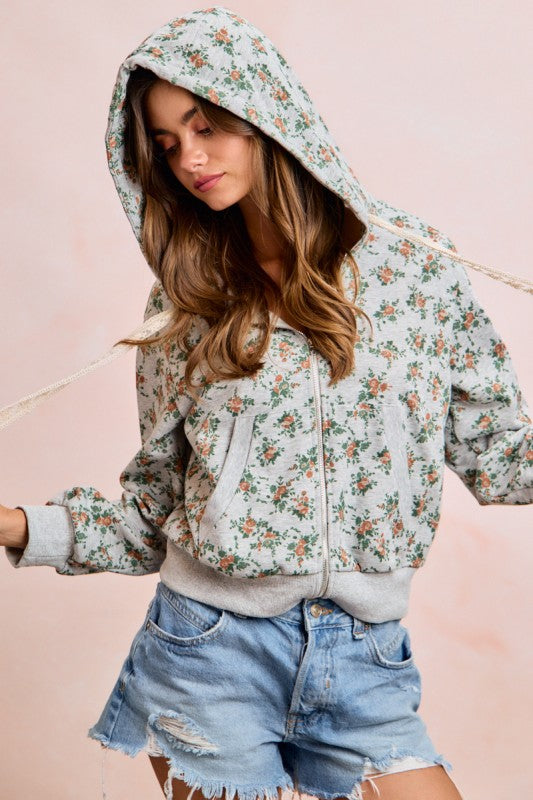 Grey Floral Printed Terry Hoodie