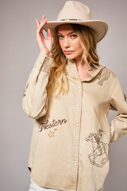 Washed Taupe Western Embroidered Snap Button Top