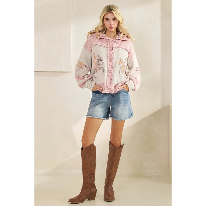 Pink Horse Print Button Up Sweater