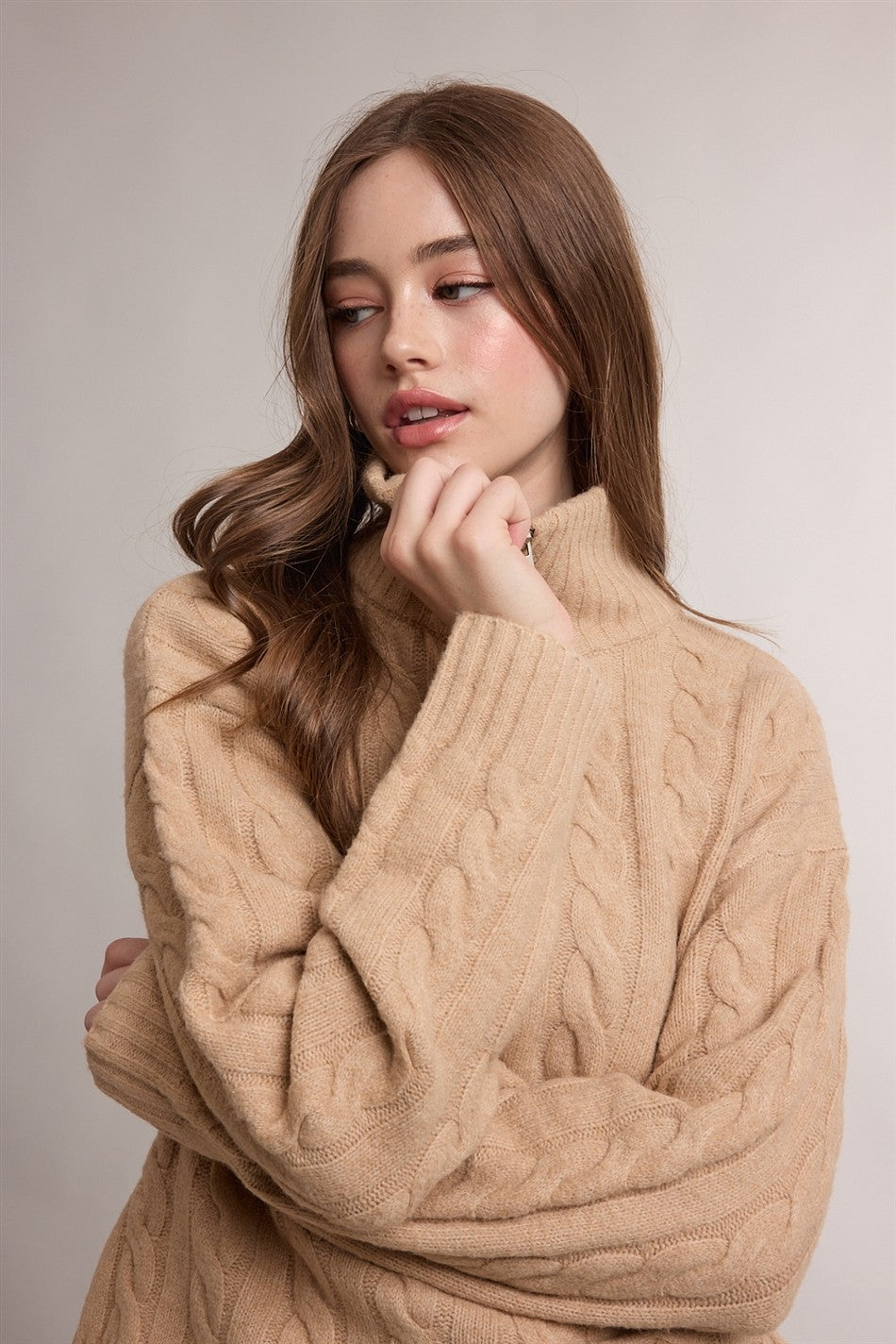 Cable Knit Quarter Zip Collar Sweater- Camel