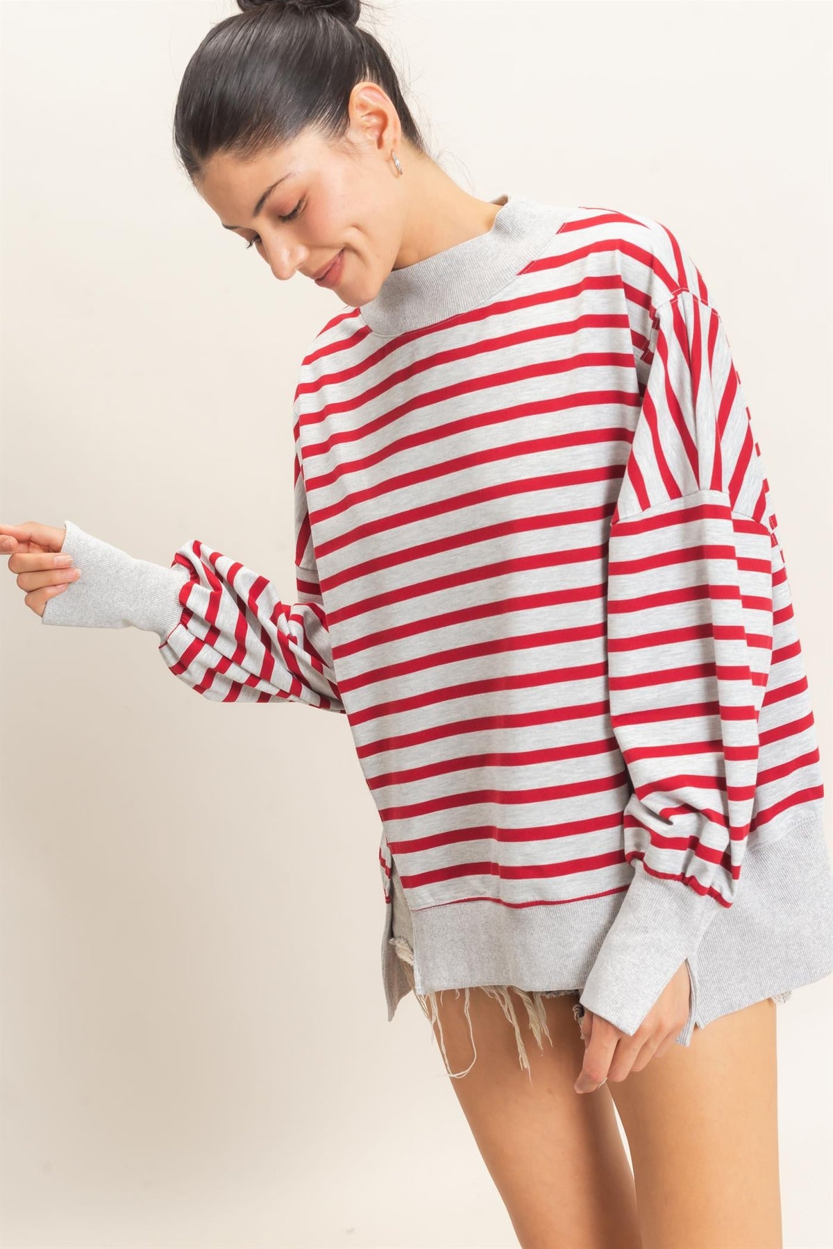 Red & Gray Striped Mock Neck Sweatshirt