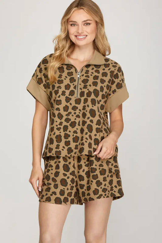 Leopard Half Zip Sweatshirt Top & Short Set