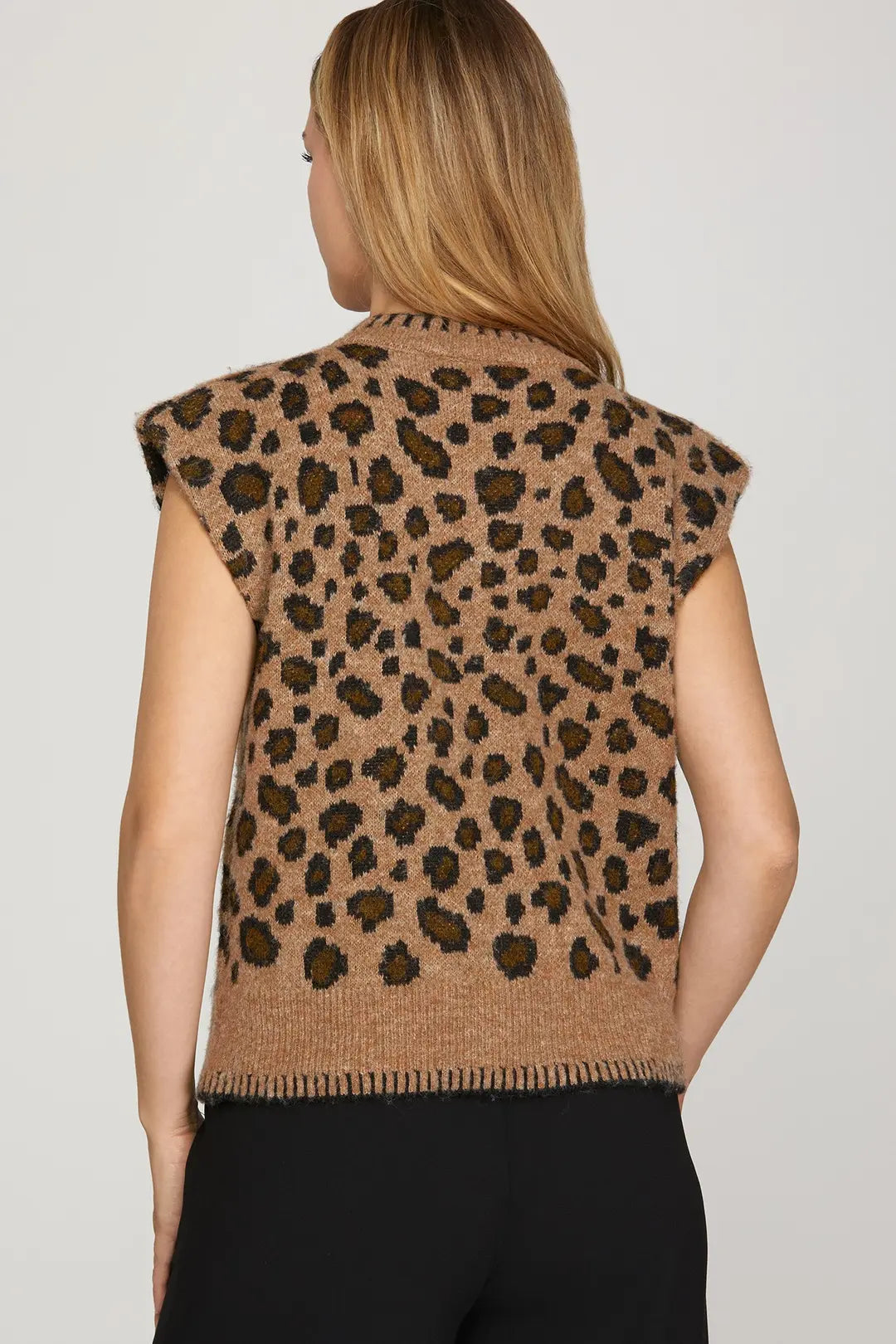 Leopard Cap Sleeve Stitch Detail Sweater