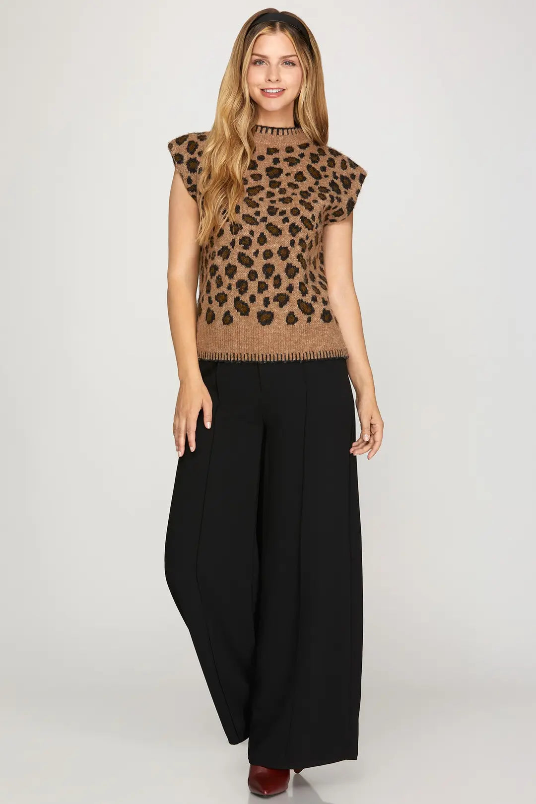 Leopard Cap Sleeve Stitch Detail Sweater