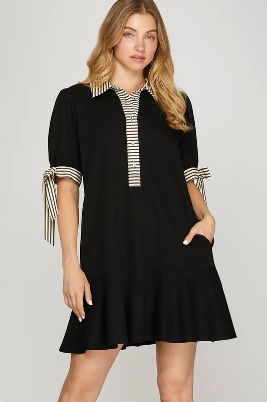 Mini Dress with Striped Tied Sleeves & Collar