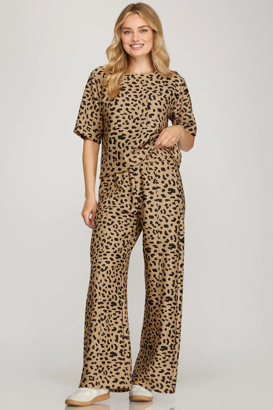 Textured Leopard Print Top & Pant Set