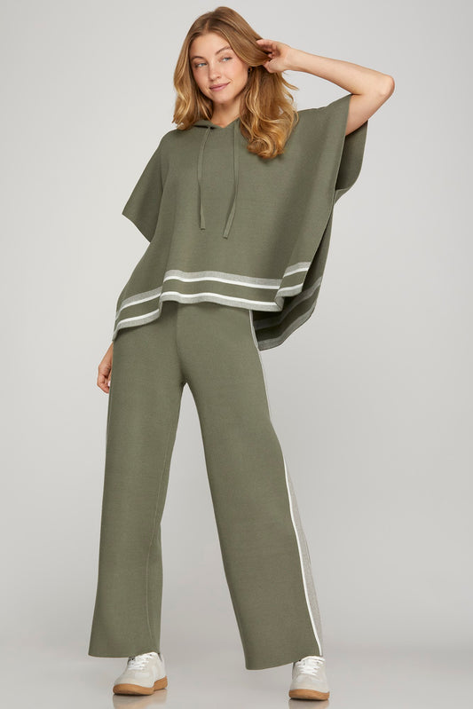 Olive Striped Hem Hooded Sweater & Pant Set