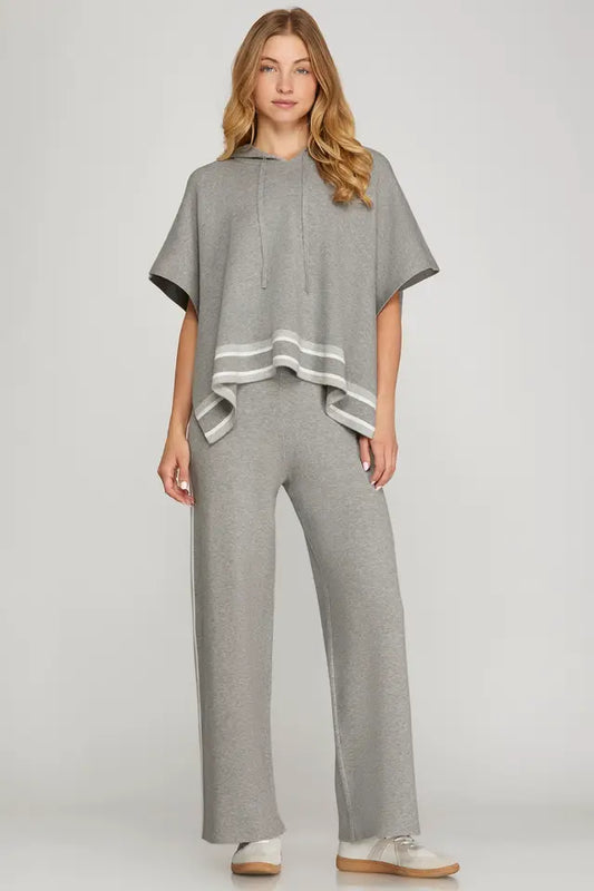 Grey Striped Hem Hooded Sweater & Pant Set