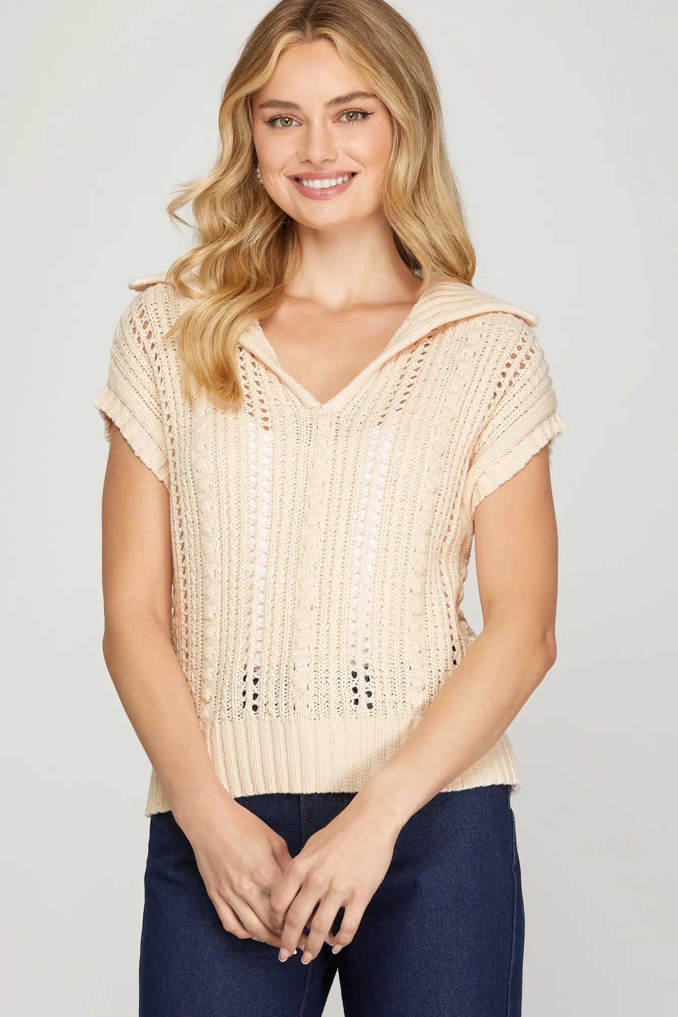 Cap Sleeve Collard Pointelle Sweater